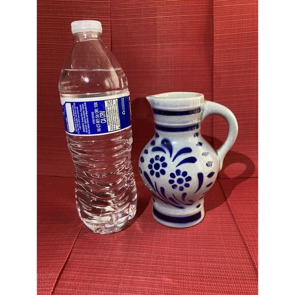 Ceramic Floral Pitcher / Small Size /Pottery Spout Handle / Folk Art /Blue Paint - Picture 2 of 12